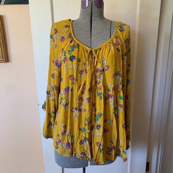 Old Navy Mustard Yellow Floral Puff Sleeve Boho Peasant Blouse XXL Tie Neck - Picture 2 of 6